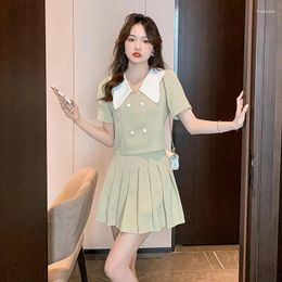 Work Dresses Summer Fashion College Style Doll Collar Short Sleeve Top Pleated Skirt Suit Women Sets