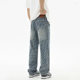 Men's Jeans Hip Hop Fashion Printed Spring And Summer 2024 Loose Straight Personality Youth Korean Style Trousers