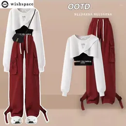 Women's Two Piece Pants Spring And Autumn Work Style Set For Korean Loose Design Top Suspender Wide Leg Three