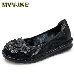 Casual Shoes Handmade Women Cowhide Flat Female Soft Sole Comfort Ladies Cow Leather Flowers Flats Mom Loafers Personality Retro Style