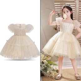 Girl Dresses Toddler Party Princess Dress Baby Champagne 1st Birthday Outfits Kids Summer Puff Sleeve Sequin Tutu Gown Gala Clothe