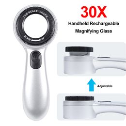 30X Handheld Illuminated Magnifier USB Rechargeable Magnifying Glass with 12 LED Four-color Light Jewelry Watch Reading Loupe