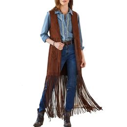 Western Fringed Vest Bohemian Fringe Vest Womens Sleeveless Hippie Cardigan with Tassel Detail Patch Pockets for Cowboy Cosplay 240516