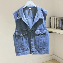 Women's Vests Vintage Blue Big Pocket Denim Vest Women Student Waistcoat Loose Short Sleeveless Jacket Coat Spring Korean Jeans Female