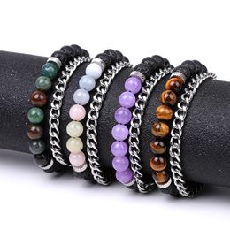 Natural Gemstone Beaded Bracelet Charm Luxury Designer Jewelry Stainless Steel Chain Multilayer Bracelet Wristband Woman Man Fashion Gift Tiger Eye Agate