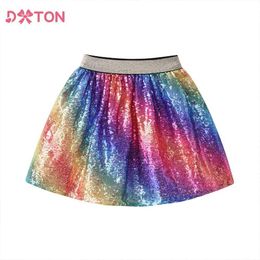 Skirts DXTON 2024 Mini Skirt For Girls Rainbow Kids Ballet Dancing Skirt Sequins Blingling Pettiskirt Shiny Children Tutu Skirt Costume Y240522