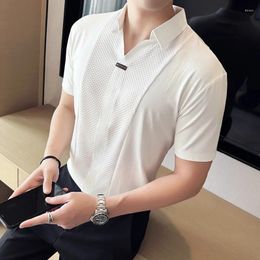 Men's Polos Black/White Summer Polo Shirts For Men High Quality Korean Luxury Clothing Elastic Shirt Slim Fit Ice Shreds