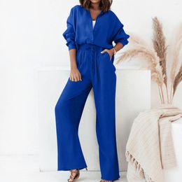 Women's Two Piece Pants Women Outfits Long Sleeved Buttoned Shirt Blouse Tops Drawstring Wide Leg Solid Color Elegant Tracksuits