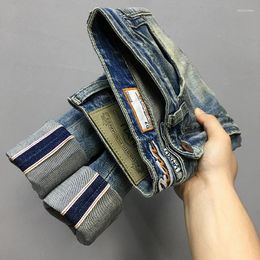 Men's Jeans High Quality Red Selvedge Denim For Men Vintage American Casual Distressed Scraped Washed Slim Fit Straight Pants Spring