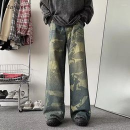 Men's Jeans Men Camouflage Design Wide Leg Trousers Washed European Style Vintage Daily Full Length Loose Fashion Simple Soft
