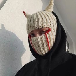 Combhasaki Unisex Knit Hat Halloween Devil Horn 1 Hole Balaclava Y2K Vintage Gothic Winter Warm Wind Proof Beanie Cap 240521