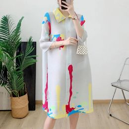 Casual Dresses Miyake Fold 2024 Spring Lapel Collar Print Dress Loose Large Size Medium Long Cardigan Skirt