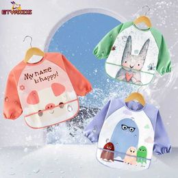 Bibs Burp Cloths Cartoon cute baby bib childrens waterproof long sleeved art smoke feeding bib apron suitable for babies aged 1-7 d240522