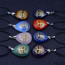 Pendant Necklaces Natural Stone Tree Of Life Chakra Reiki Healing Crystal Teardrop Tumbled Gem Necklace Jewelry Drop Delivery Pendant Dhoxb