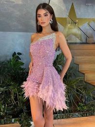 Runway Dresses Sparkly One Shoulder Sequins Beading Feather Mini Dress Women 2024 Luxury Evening Party Club Prom Performance Gowns Vestido