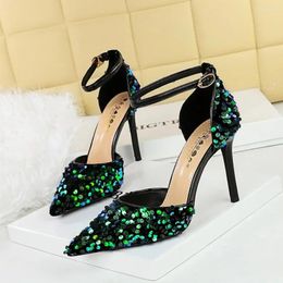 Dress Shoes BIGTREE Sandals Green Silver Sequins Fashion Women Pumps Sexy Pointed Toe Hollow Wedding Mule Ladies Tacones Mujer