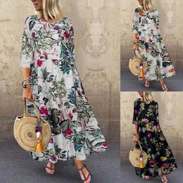 Casual Dresses Fashion Summer Maxi Dress Women's Floral Printed Sundress 3/4 Sleeve Vestidos Female High Waist Robe Femme Plus Size