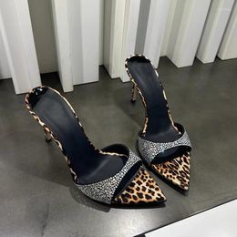 Slippers Leopard Print Crystal Stiletto Pointed Toe High Heels Women Sandals Slingback Ladies Shoes Dress Party Female Pumps