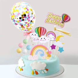 Happy Birthday Cake Topper Rainbow Cloud Cake Decoration, Confetti Balloons For Boys Girls Kids Birthday Party Decoration