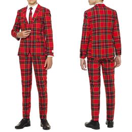 Classic Red Plaid Wedding Tuxedos Mens Pants Suit Two Pieces Formal Business Jacket Blazer Groom Tuxedo