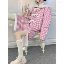 Work Dresses Women's Skirt Sets Pink Plaid Sailor Collar Tie Up Single Breasted Coat Side Slit Sweet Plush Edge Two-Piece Lady Clothing