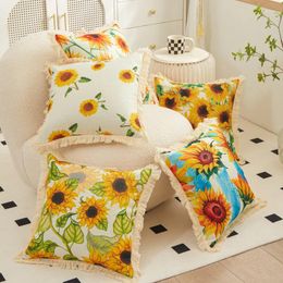 Pillow Nordic Tassel Sunflower Linen Printed Throw Pillows Cover Bedroom Bedside Soft Bag Case Home Decor Sofa Chair