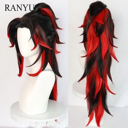 RANYU Synthetic Women and Men Tsugikuni Yoriichi Wigs Long Black Red Mix Anime Cosplay Hair Heat Resistant Wig for Party 240520