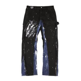 Colour Block Painted Streetwear Drawstring Jeans Men Frayed Side Ribbon Loose Casual Denim Trousers Hip Hop Harajuku Couple Pants