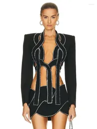 Casual Dresses 2024 Women Celebrity Sexy Long Sleeves Crystal Decoration Black Mini Bodycon Bandage Dress Elegant Evening Party Club
