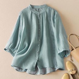 Women's Blouses Vintage Women Cotton Pleated Shirt Top Summer Solid Color Button Up Shirts Casual Round Neck Loose Tee Elegant Female