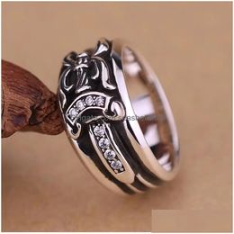 Band Rings A176 S925 Sterling Sier Ring Gold-Plated With Diamond And Holy Sword Dagger Letter Minimalist Trend Hip-Hop Retro Couple Je Dhvwk