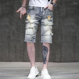 Men's Jeans Summer Retro Light-Colored Denim Shorts Ripped High Street Fashion Brand Thin Pu Handsome Stretch Motorcycle