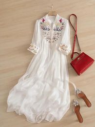 Casual Dresses 2024 Summer Chinese Style Embroidery Chiffon Dress National Art Chic Women White Loose Ethereal Pleated Long