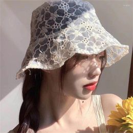 Berets 2024 Lace Hat For Women Soft Flower Wide Brim Sun Hats Beach Hollow Summer Fisherman Ladies Bucket