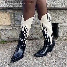 Boots Wrinkled Ripple Totem Wild Womens Black and White Mixed Casual Spring Peak High Heels Knee Print Flame Design Shoes Q240523