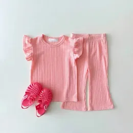 Clothing Sets 2024 Summer Boy Girl Ribbed Knitting Outfits Solid Cotton Lounge T-shirt Pants For Toddler Kids Casual Clothes Children