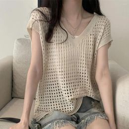 Women's Blouses Summer Women Knitting Tops See-through V-neck Short Sleeve Pullover Solid Colour Hollow Out Lady Sunscreen Streetwear