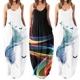 Casual Dresses Feather Print Maxi Dress For Women Sumer Bohemian Loose Beach Sundress Ladies Spaghetti Strap Long Party With Pockets