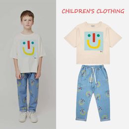 2023 BC Summer and Autumn Children's Korean Cute Happy Smiling Face T-shirt Jeans Sweater Childrens Set Clothing L2405