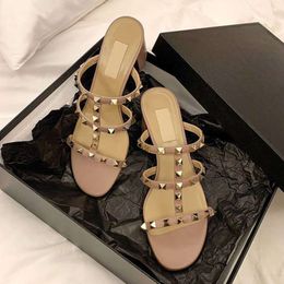 High Heels Luxury Pyramid Studs Designer Summer Sandals Womens Slide Shoes Slipper Leather Nude Rivet Thick Heels Fashion Dress Shoes 6cm 8cm 10cm 4cm