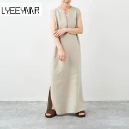 Casual Dresses LYEEYNNR Japan Style Simple Long Dress Women Solid Color O-neck Sleeveless Loose Female Summer Hollow Out Robe Femme