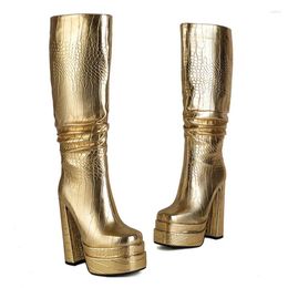 Boots Custom Colors Women's Platform Knee High Solid Prints Handmade Chunky Heels Shoes Wrinkle Upper Square Toe Booties