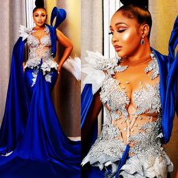 2024 Royal Blue Aso Ebi Prom Dresses for Special Occasions Appliqued Beaded Lace Birthday Dress Second Reception Gowns Engagement Gown for Black Women Girls AM832