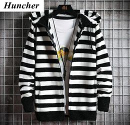 Huncher Mens Hooded Cardigan Sweater Men Coats 2020 Autumn Korean Slim Striped Knitted Cardigans Male Cold Blouse Sweaters6783821