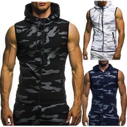 Men's Tank Tops 2020 New Mens Camo Tank Top Spring/Summer Military Hooded Sleeveless Sweatshirt Mens Fashion Brand Clothing Gym Zipper Running Y240522