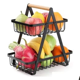 Storage Baskets 2-Tier Metal Fruit Basket Portable Kitchen Countertop Shelf Rack For Fruits Vegetables Household Toiletries 29 Drop De Dhfc1