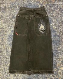 Men's Jeans Streetwear JNCO Y2K Skull Graphic Embroidered Hip Hop Pocket Baggy Black Pants Mens High Waisted Wide Trousers