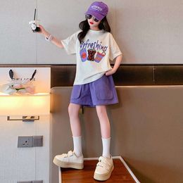 Children's Top and Bottom Clothes Korean Version 2024 Summer New Trendy Girls Cartoon Letters Short-sleeved Two-piece Set L2405