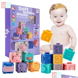 Bath Toys Montessori 12Pcs Baby Blocks Toy Soft Building 3D Touch Hand Balls Mas Rubber Teethers Squeeze Drop Delivery Kids Maternity Otnik