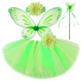 Skirts Green Fairy Tutu Skirt for Girls Jungle Forest Elves Costumes with Wings Kids Christmas Halloween Outfits Princess Ballet Tutus Y240522